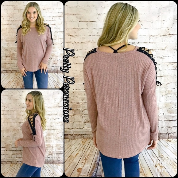 Blush Mauve Lace Up Shoulders Ribbed Top - Picture 8 of 8